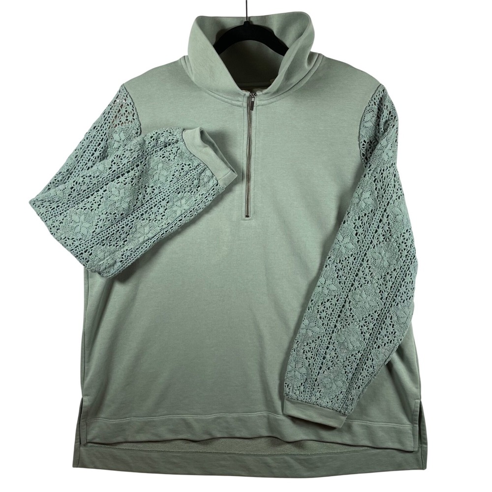 soft surroundings 1/4 zip tunic open crochet sleeves 2X sage boho cottagecore